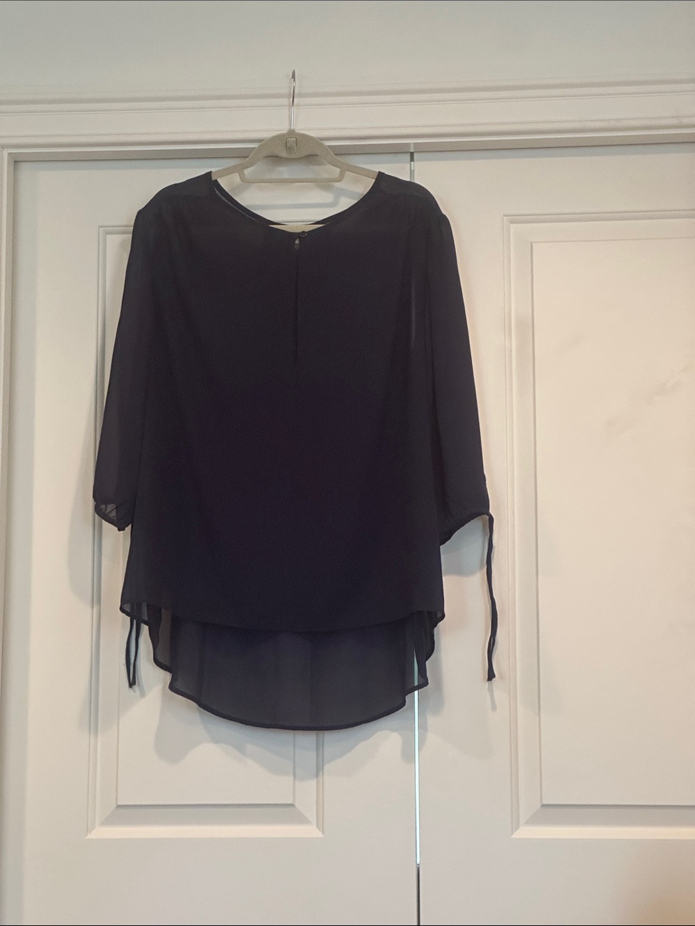 Black Semi-Sheer High-Low Blouse with Tie Sleeve Detail